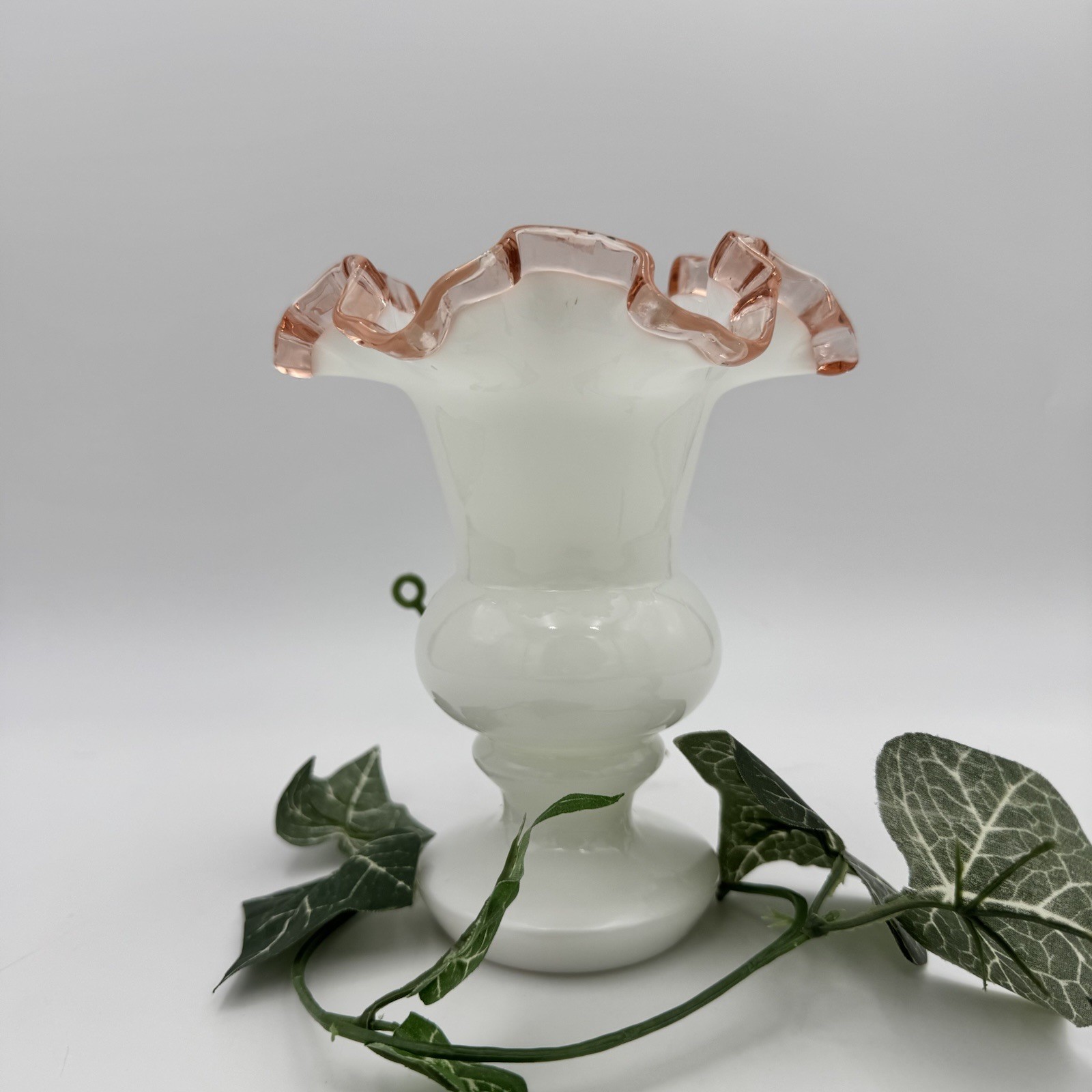 Fenton Pink Crest 7” tall Milk Glass Vase Pedestal Urn Ruffled Edge