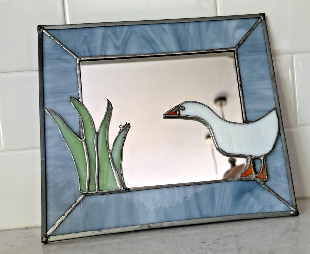 Stained Glass Mirror Country Blue Frame with Goose Sun Catcher Wall Hanging