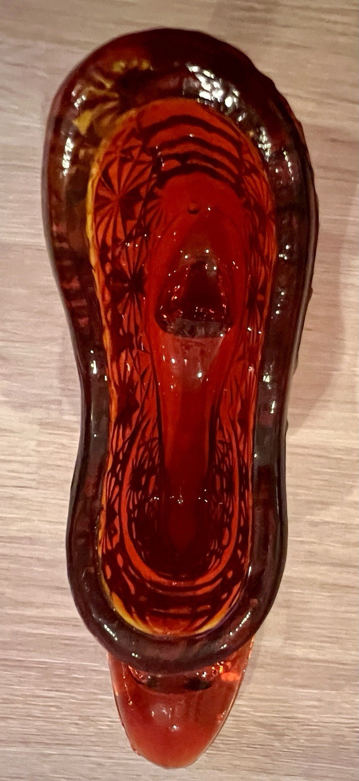 VTG L.E. Smith Amberina Glass Shoe Daisy/Button Pattern UV Cadmium Glow
