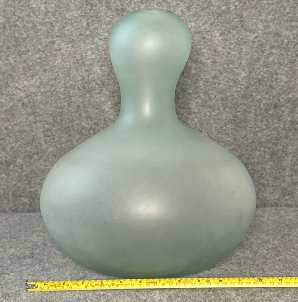 Huge 15″ Hand Blown Art Glass Double Gourd Vase Frosted Seafoam Polished Pontil