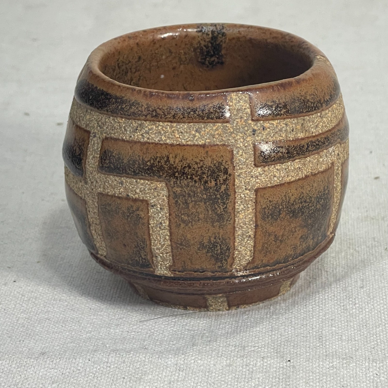 Studio Art Pottery Small Vessel Geometric Glaze Signed JP R 2.25in Tall, Ceramic