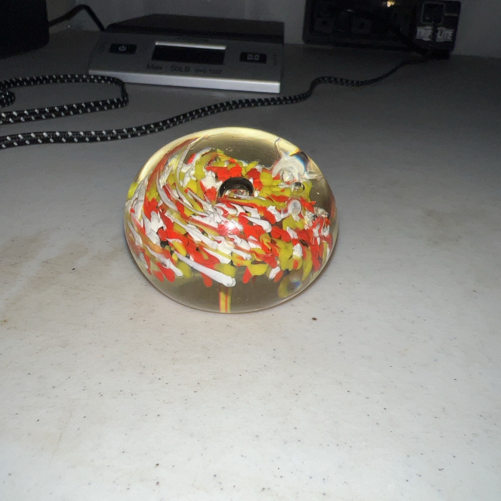 Vintage Red/White/Yellow Swirl Small 2 1/2″ W x 1 5/8″ H Paperweight Bubbles