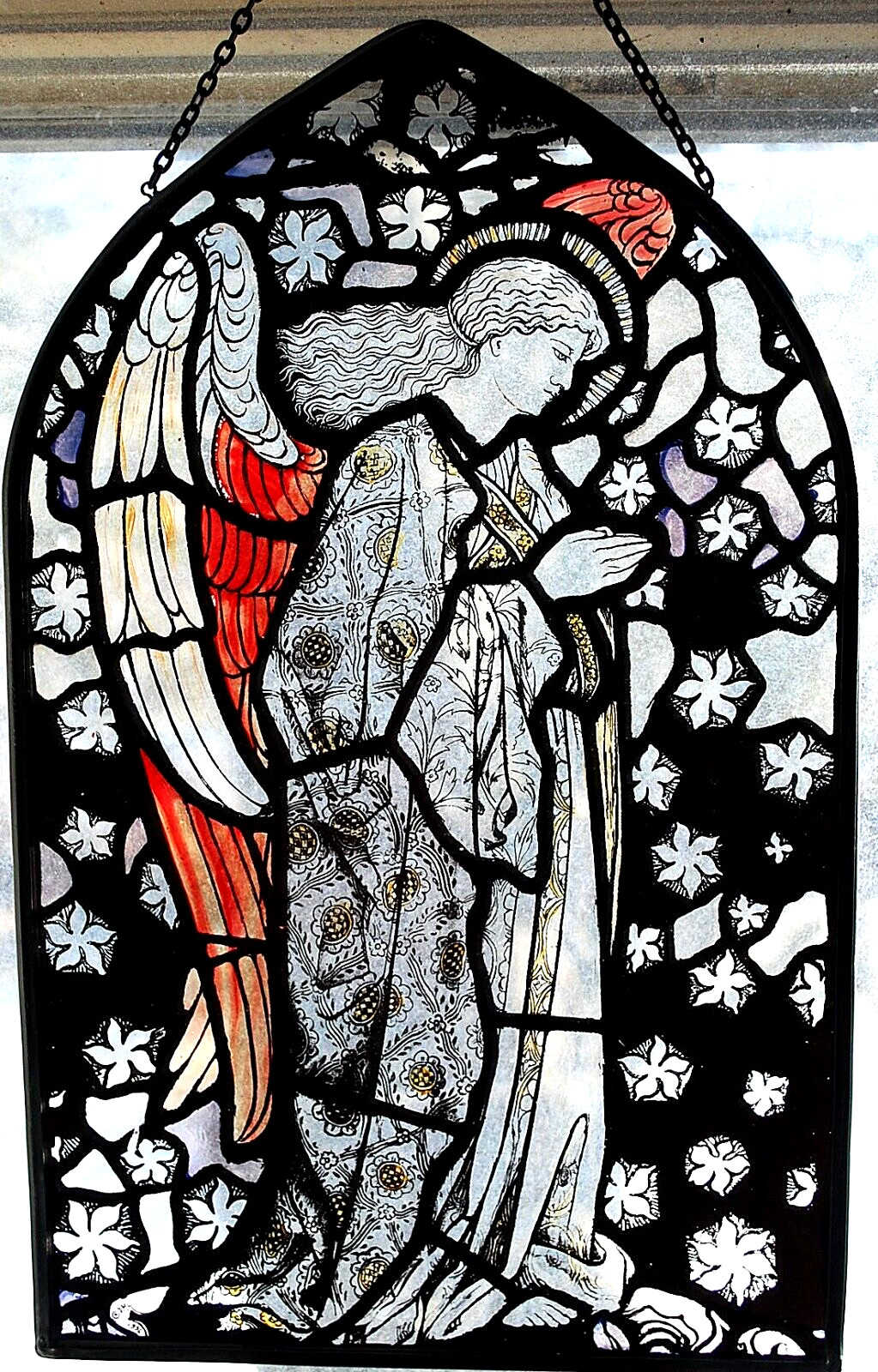 HUGE Stained Glass Suncatcher PRAYING ANGEL William Morris Repro w Chain 13.75″