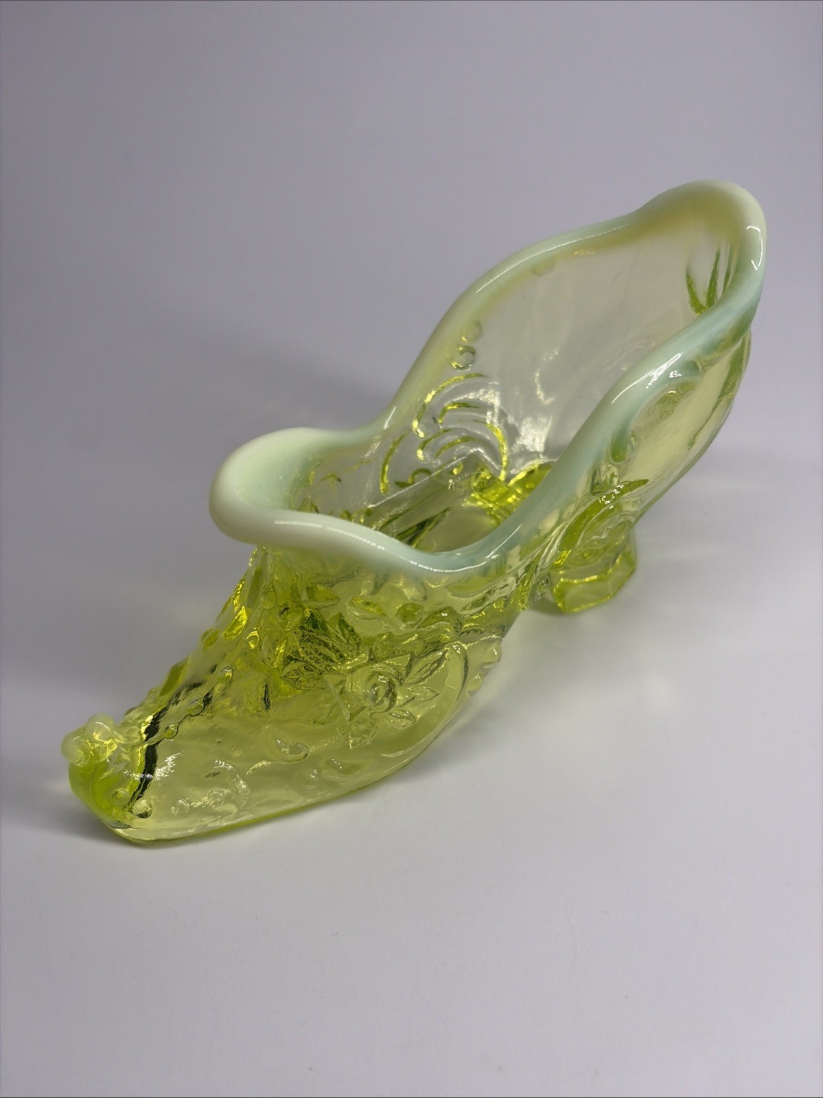Mosser Opalescent Vaseline Uranium Rose Slipper Shoe Figurine 6″ UV Glow Vintage
