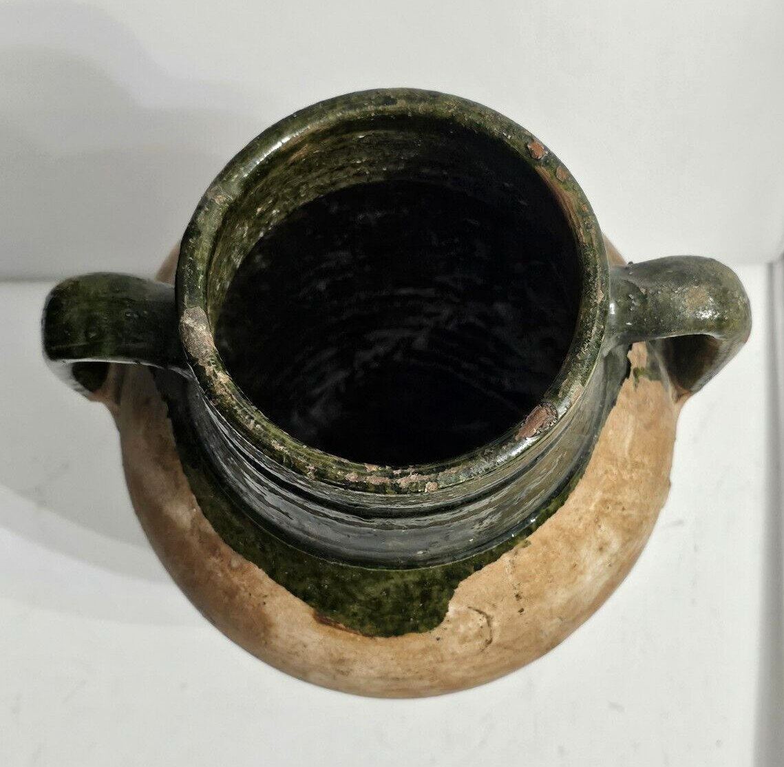 VINTAGE TURKISH TERRACOTTA VASE CLAY POTTERY TWO HANDLES GREEN GLAZE TOP