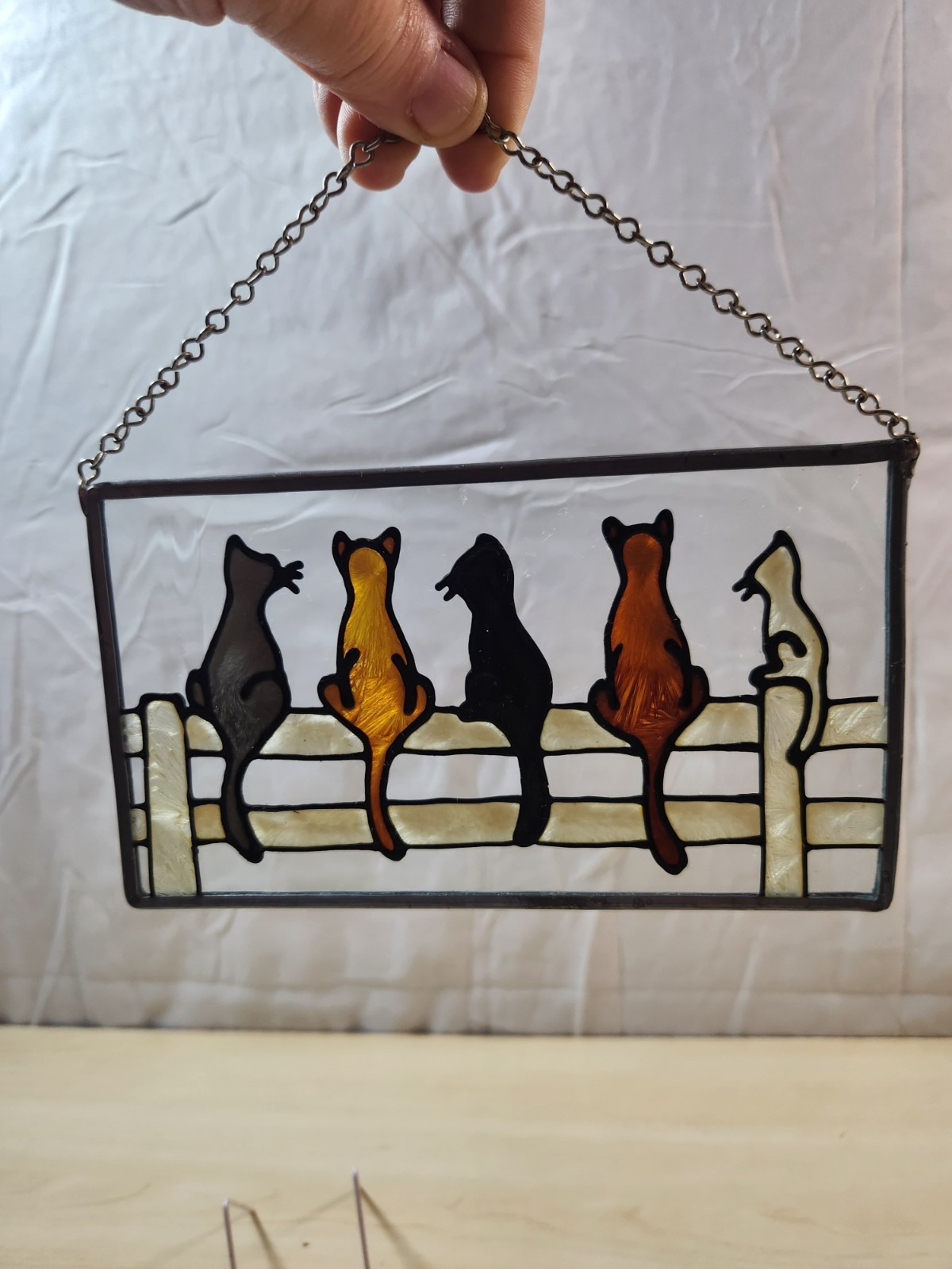 Stained Glass Framed Window Panel FIVE CATS ON A FENCE 7″ x 4 1/8″ Chain Hanger