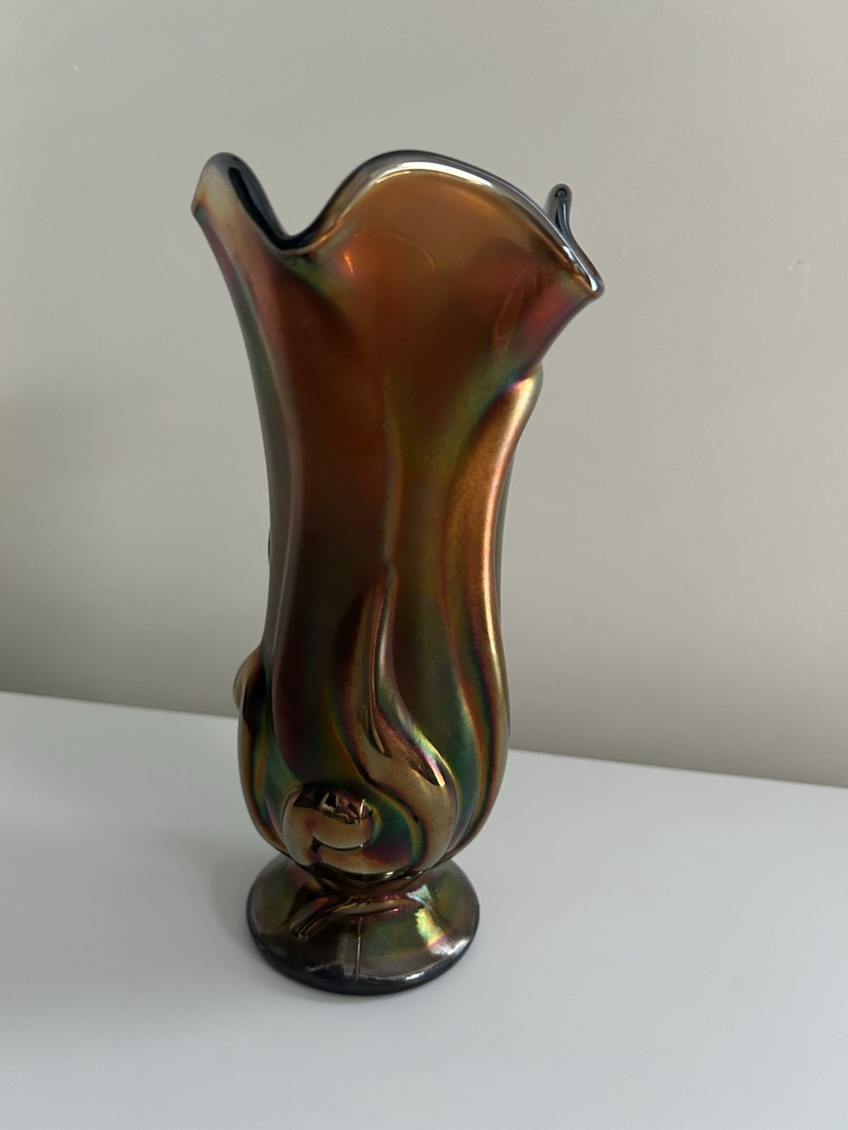 Fenton Carnival Stretch Glass Vase Iridescent Signed 9.5 Inches