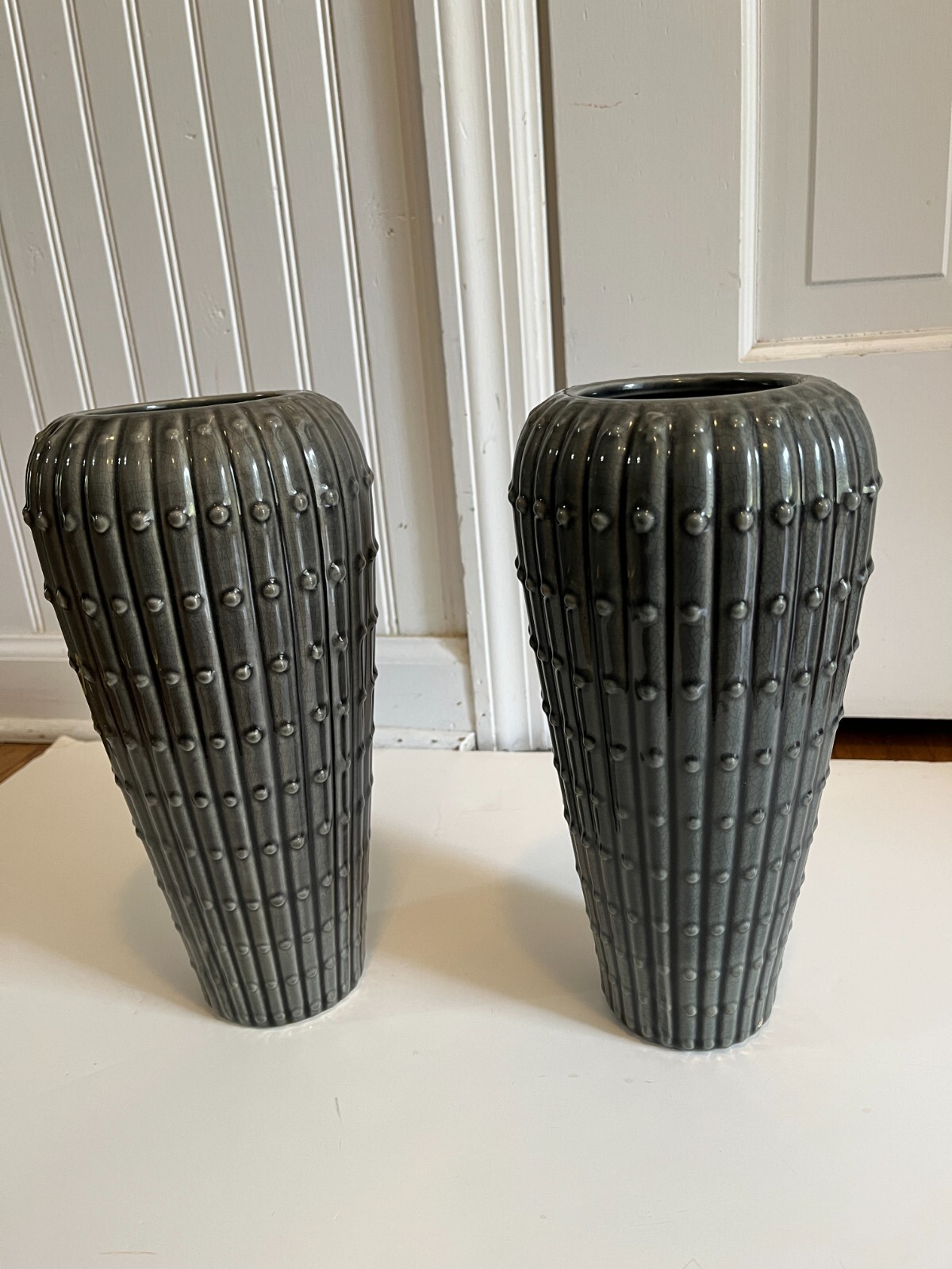 Dot Ceramic Gray GLAZE w/dots pair of Vases Home Decor 10.5 in. tall