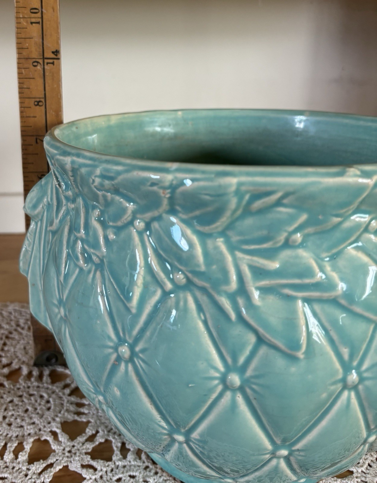 Vintage McCoy Planter Diamond Quilted Leaf Berries Seafoam Green Jardiniere 1930