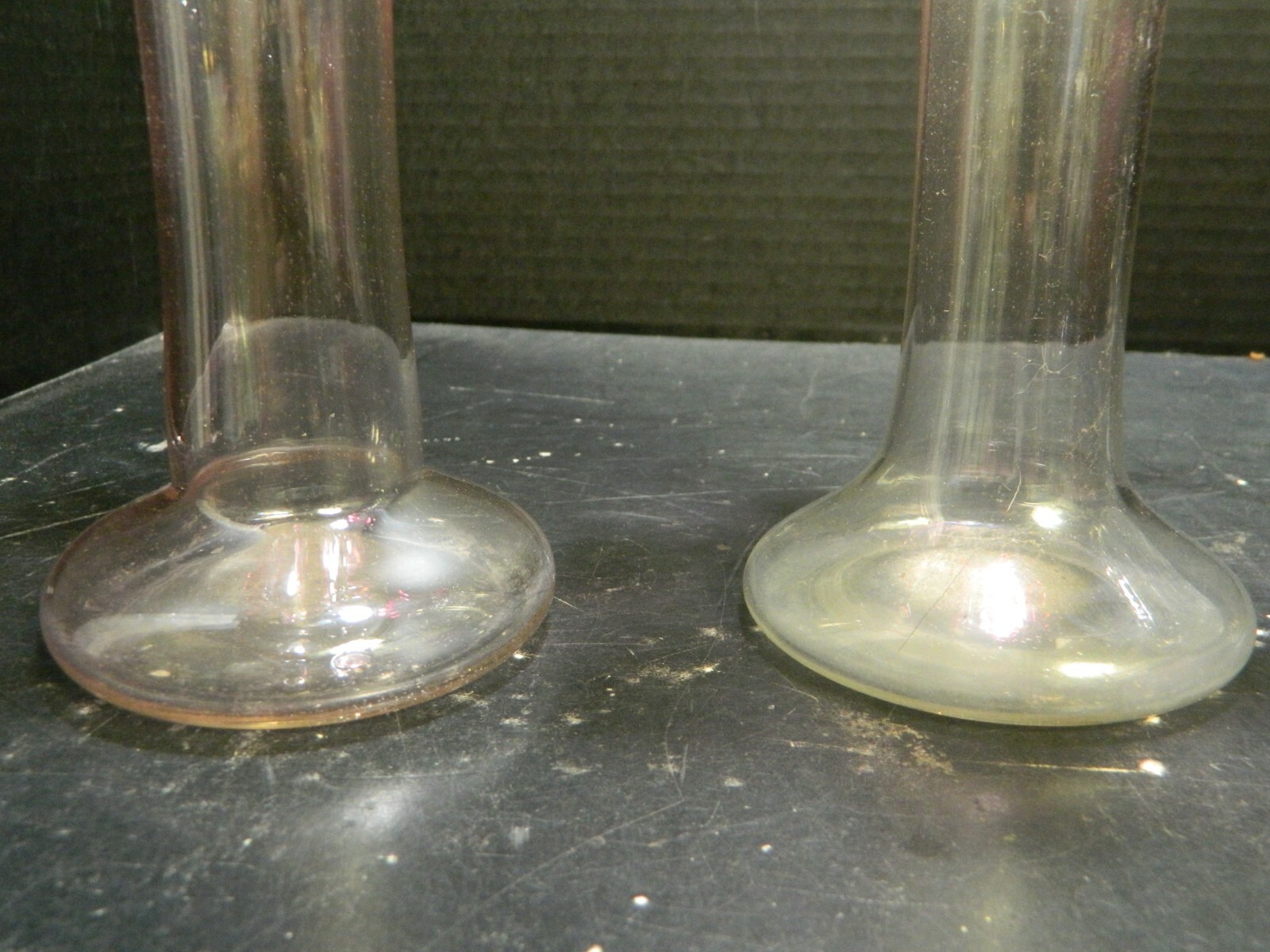 Vintage (2) Hand Blown Scalloped Cranberry Crown Art Glass Vases w/ Applied Ring