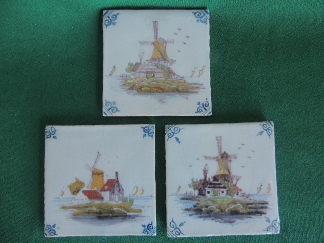 3 Vintage Makkum Holland Tichelaar Ceramic Tile Handpainted sea scape Windmill