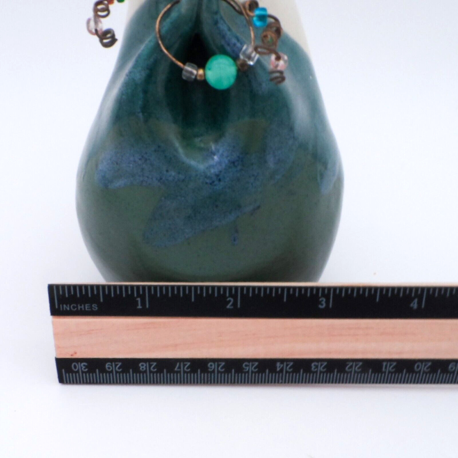 Slab Clay Art Pottery Vase with Charm Cream Aqua Green 5.5 in Tall