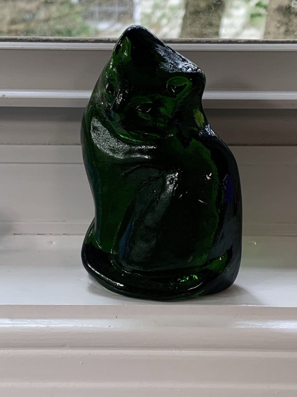 Blenko Art Glass Cat Kitty Green Figurine Paperweight 3.75 x 2.5in
