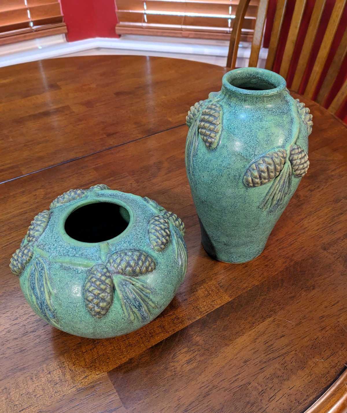 Rare matching Jemerick Pottery vase set matte green relief carved pinecone lot