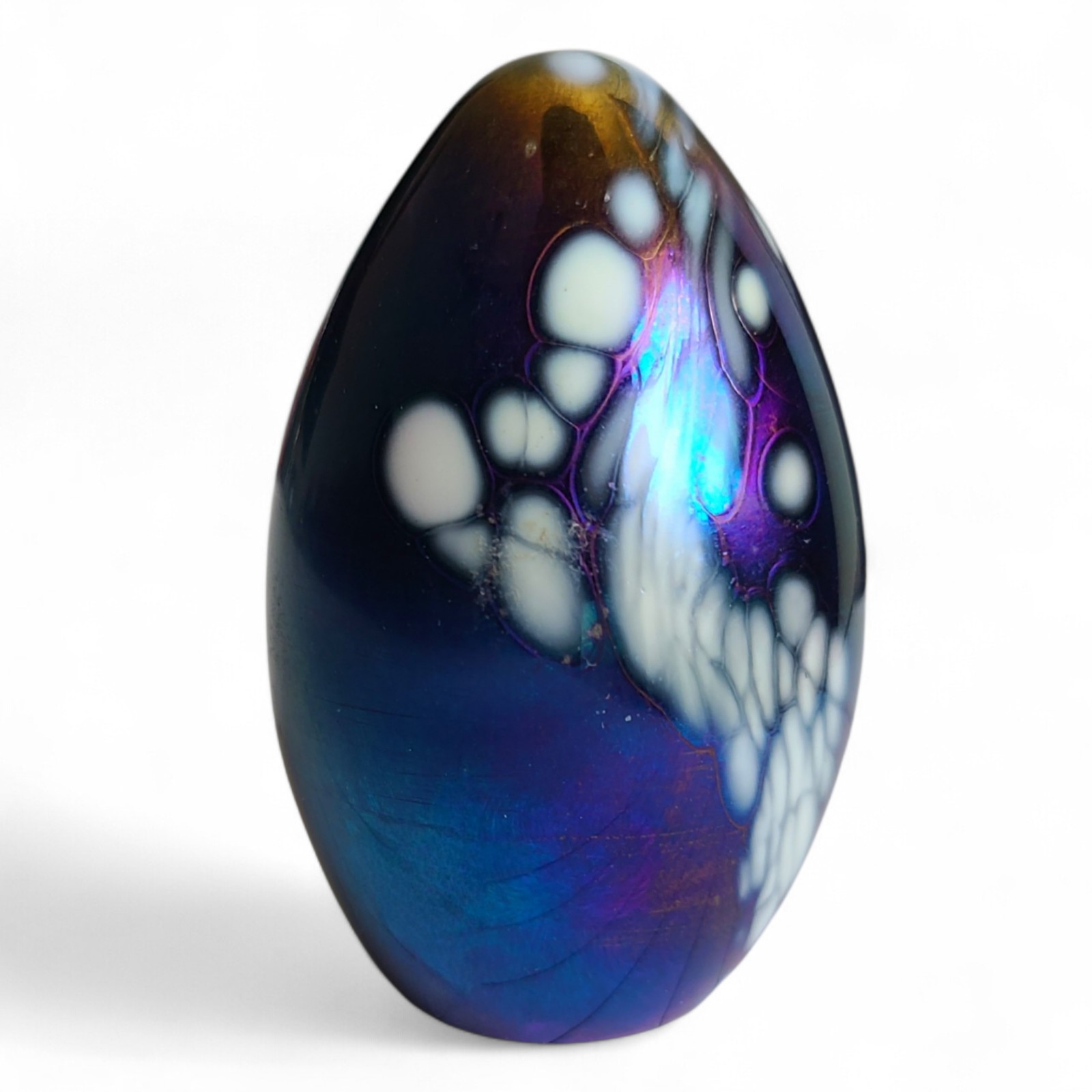 Glass Eye Studio Iridescent Purple Peacock Speckled Egg Shaped Paperweight 3”