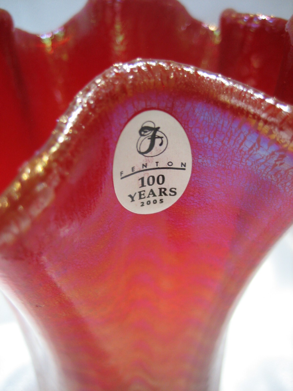 Fenton Iridescent Stretch Glass Ruby Red Vase 100 Years 2005 Label