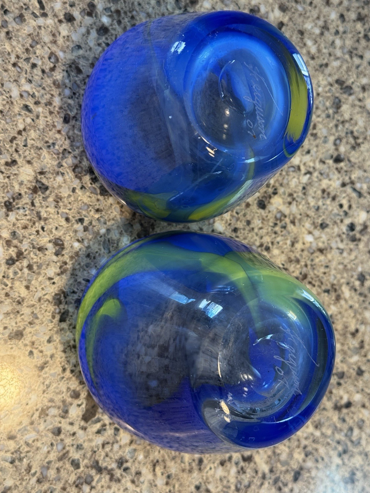 Cary Ferguson 2007 Signed Art Glass Tumblers Blue Chartreuse Swirl Votives Pair
