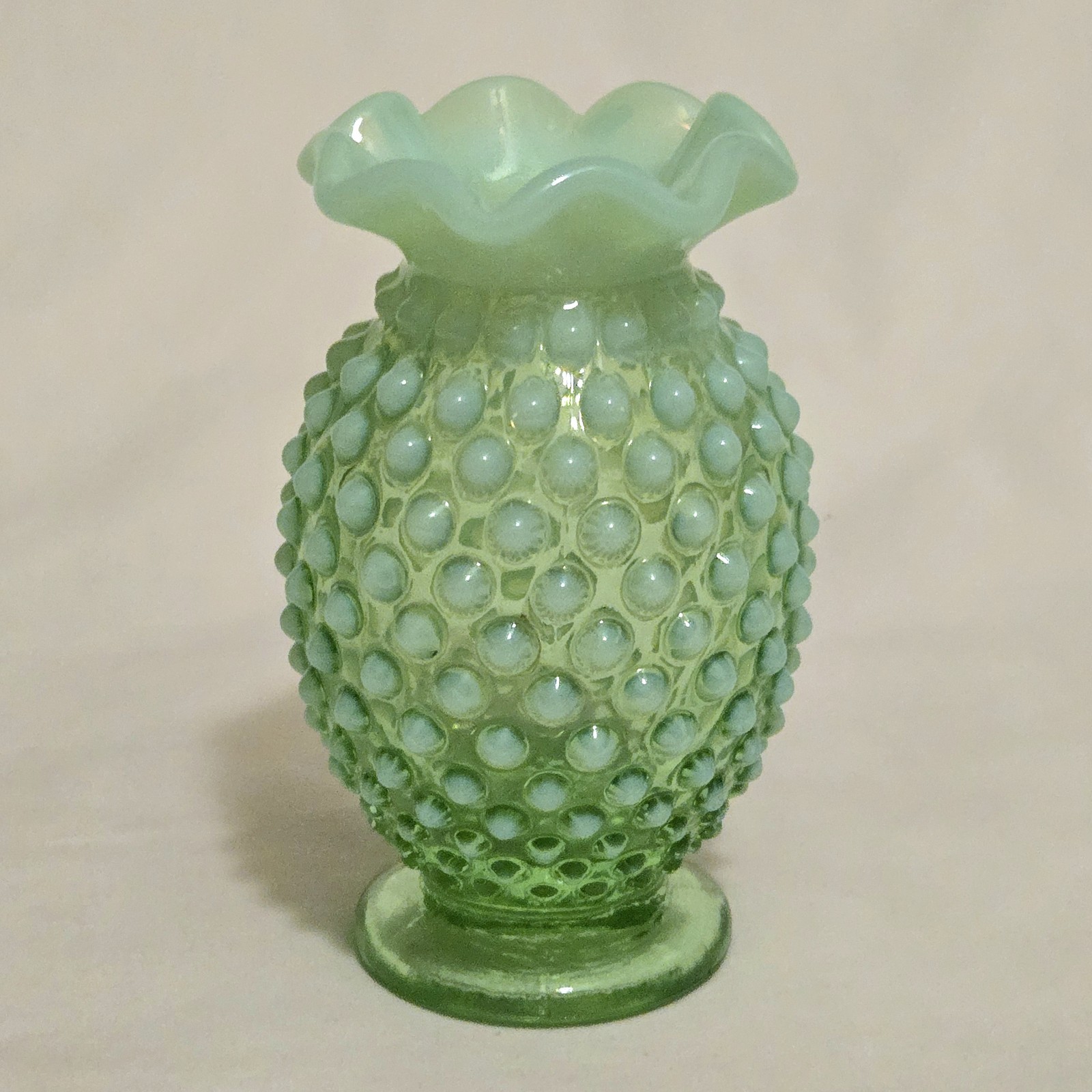 Art Glass Hobnail Vaseline Uranium Flower Bud Vase Opalescent Topaz Fenton Vtg