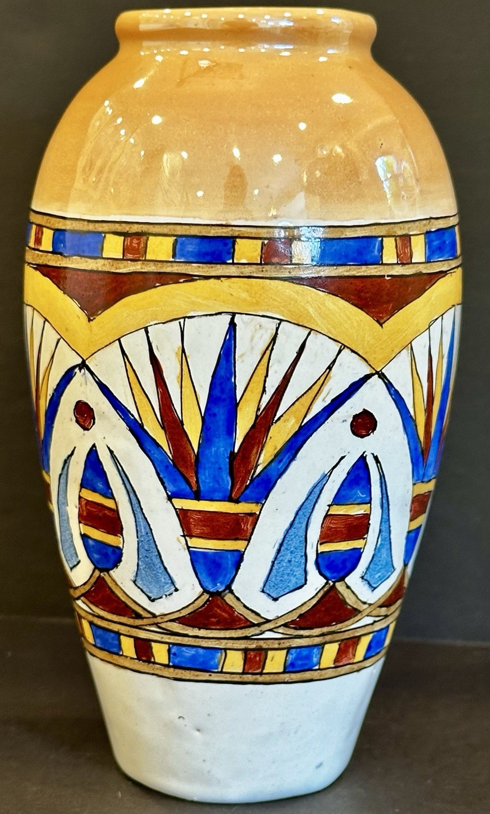 Vintage Sornaga Egyptian Glazed Pottery 6 Inch Urn Vase Handpainted Lusterware