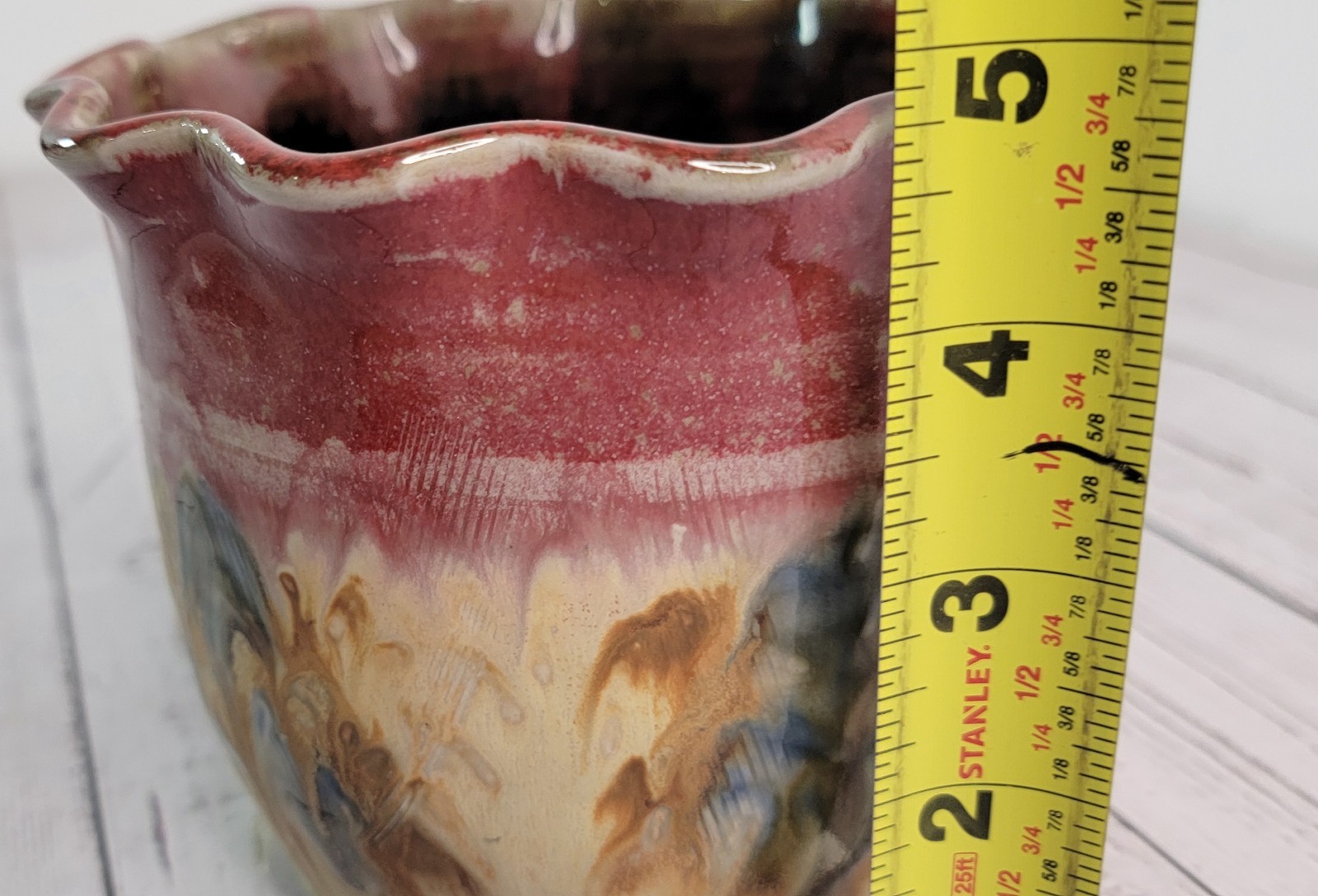 Studio Pottery Planter Red Drip Glaze Scalloped Signed 4.75in VTG
