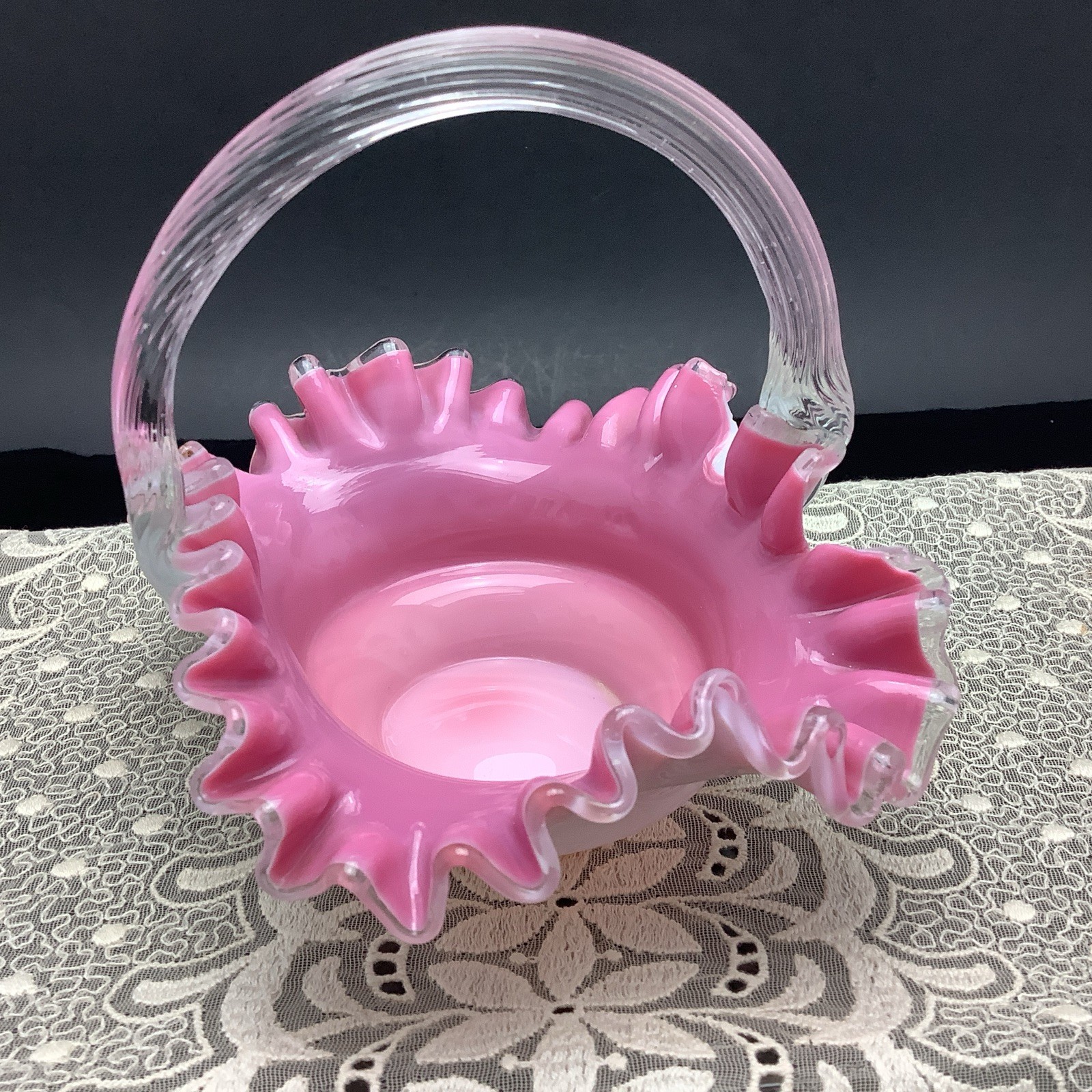 Vtg Stevens & Williams Franz Walz Pink/White Glass Basket Clear Twisted Handle