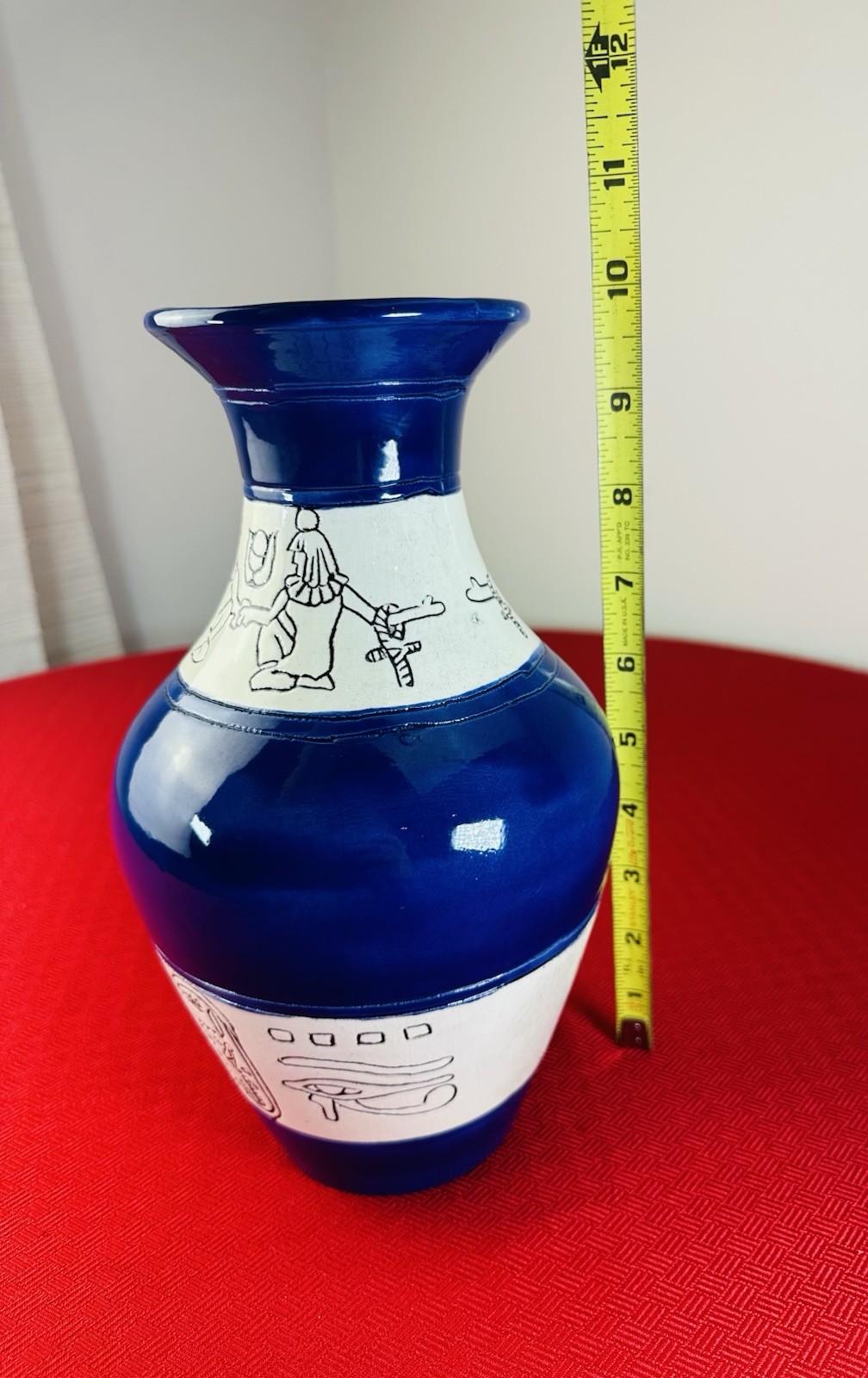 Vtg Egyptian Revival Blue Ceramic Vase Hand-Painted Hieroglyphs 10” BUR 4779