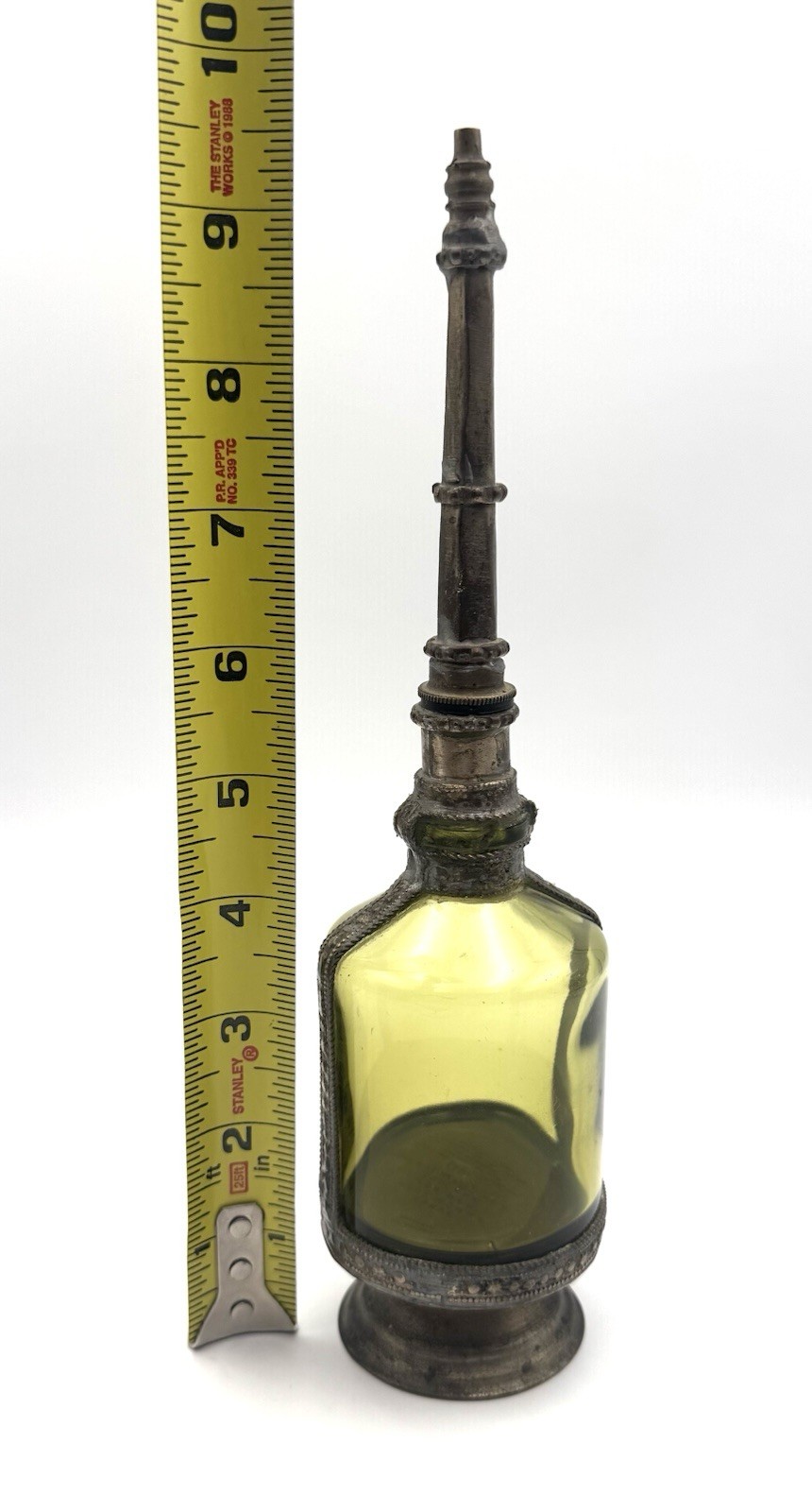 Moroccan Vintage Perfume Bottle Antique Green Glass w/ Metal Overlay Handmade