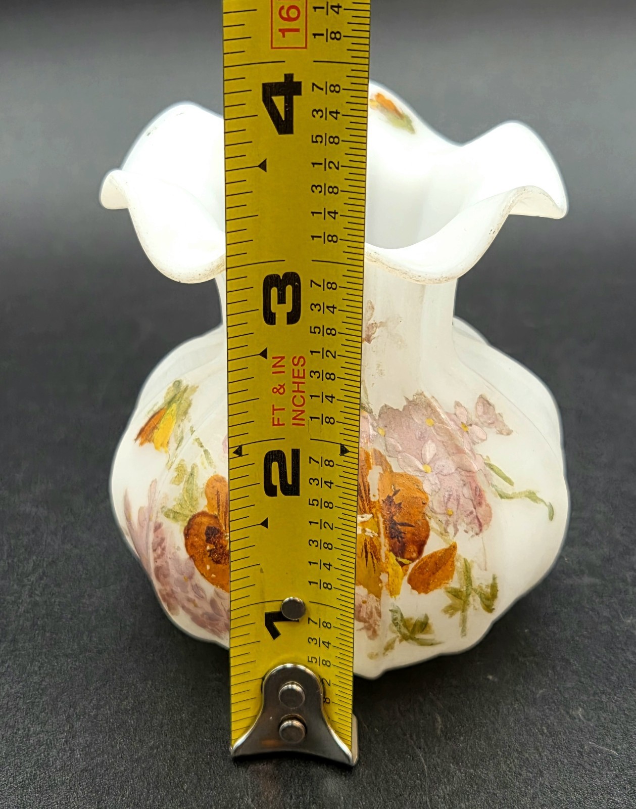 Vintage Hand-Crafted Victorian Floral 3″ White Satin Glass Vase