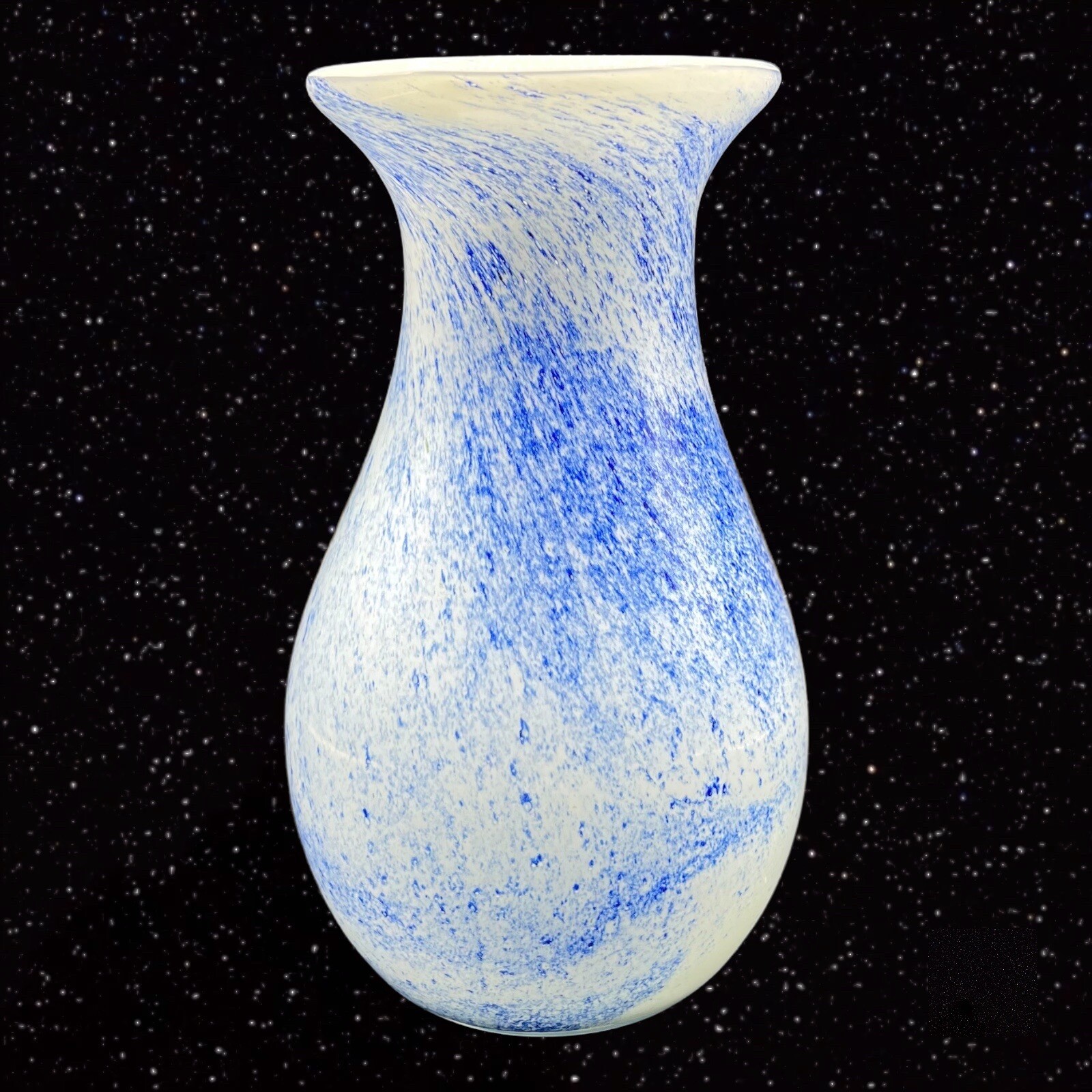 Art Glass Vase Splashed Multicolor Dots Blue White Cased 8”T 3.5”W