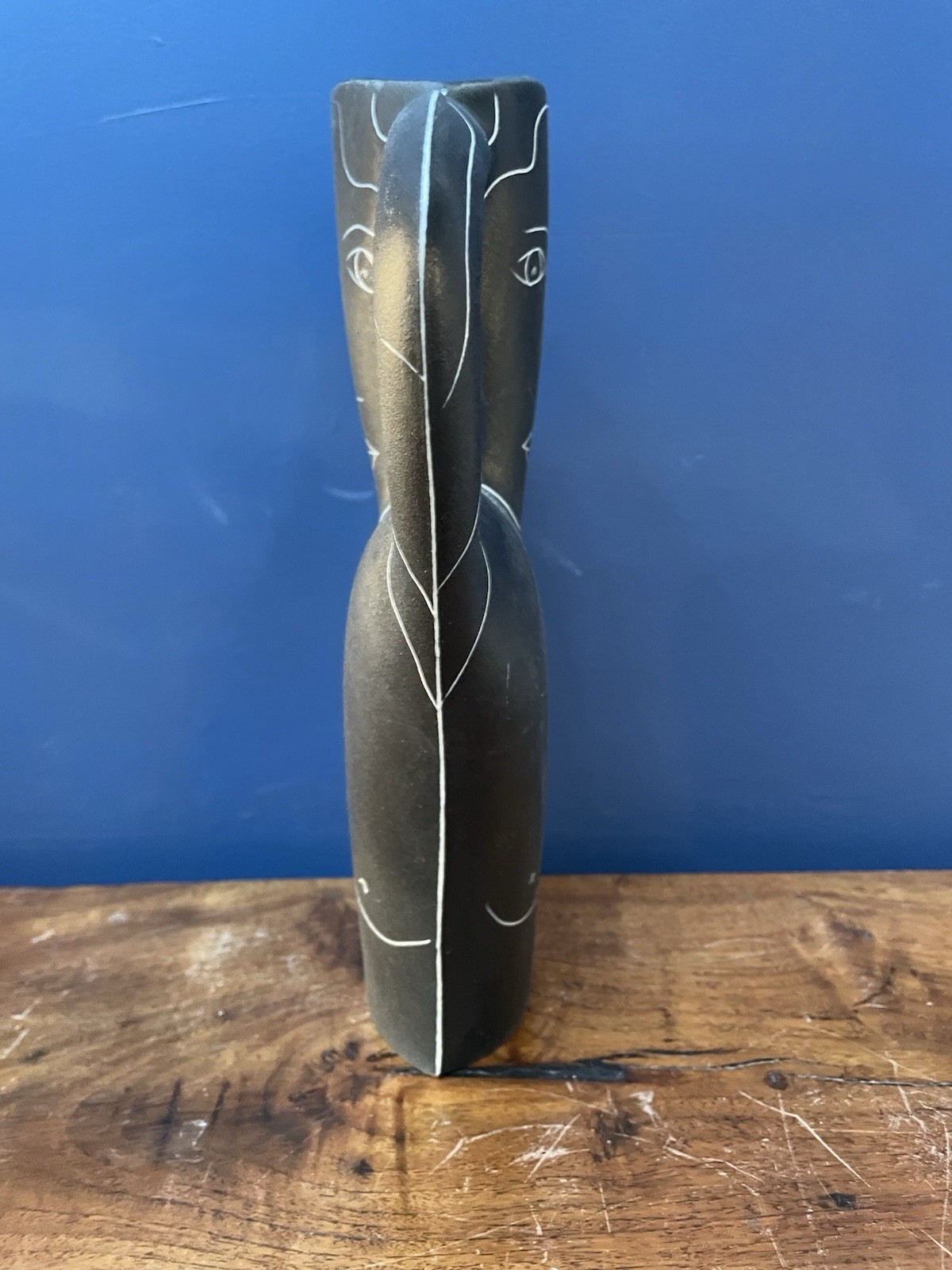 Donna Polseno Figural Nude Painted Black Art Pottery Vase 9”x 11” Hairline Crack