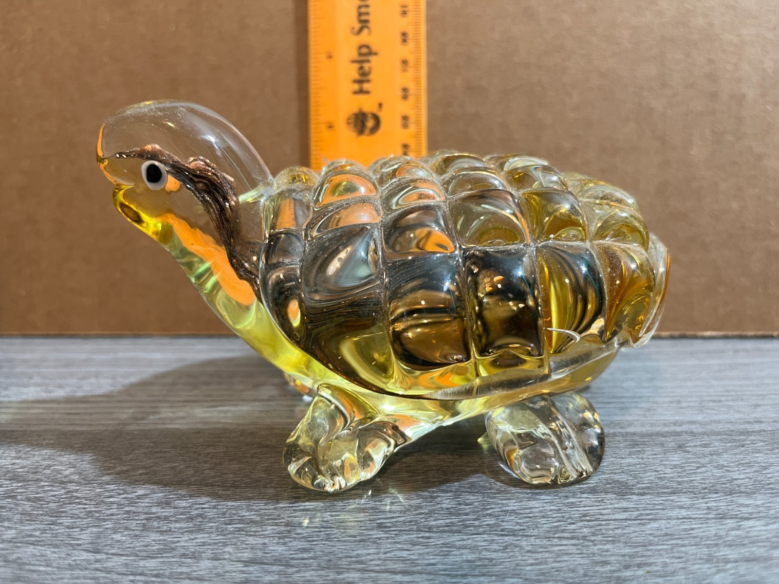 Vintage Art Glass Turtle Figurine Yellow Textured Heavy Paperweight 3.5 X 6″