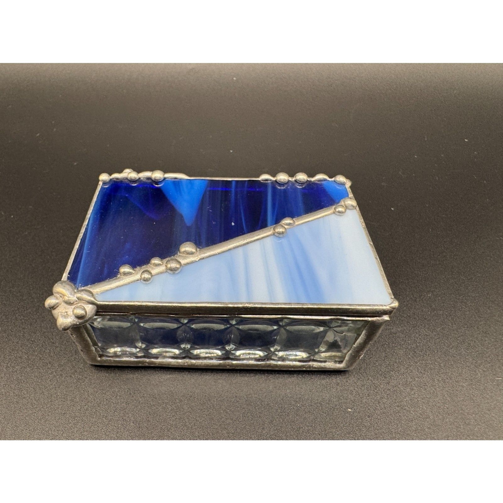 Art Glass Leaded Hinged Box Cobalt and Light Blues. 3″x 2″