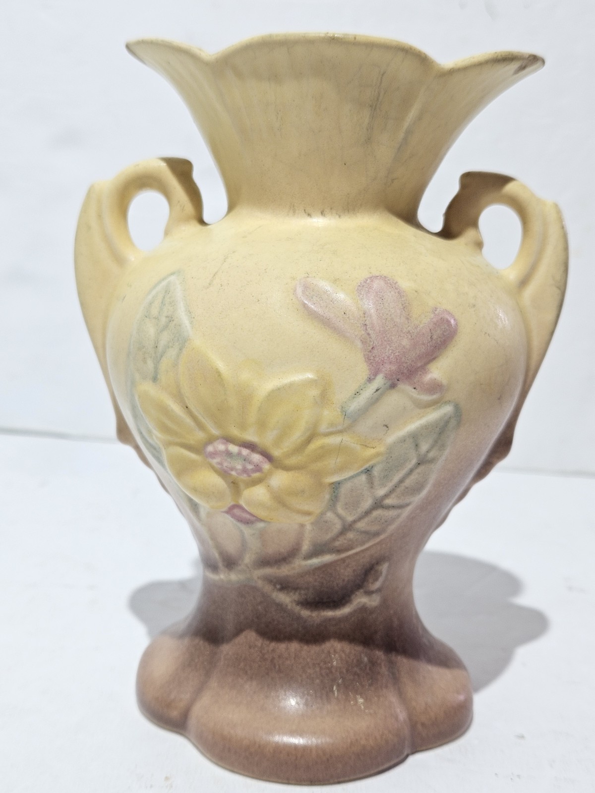 HULL Art Pottery Pink and Yellow Vase Matte Finish Double Handle Vase
