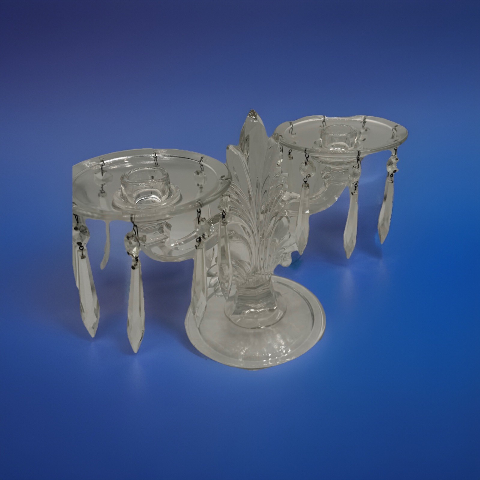 Fostoria Double Arm Crystal Candelabra with Bobeches & Prisms – Art Deco VTG