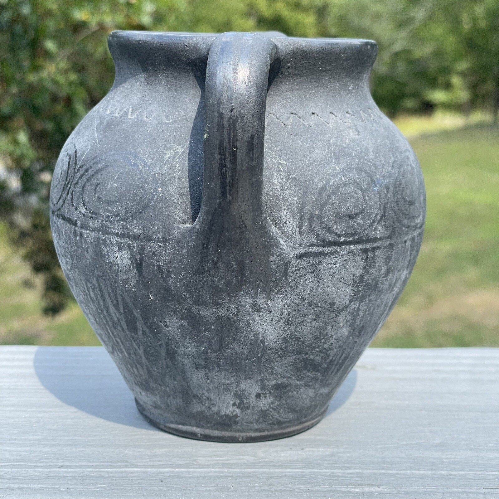 Vintage 20th C. Black on Blackware Pottery Romania Folk Art Two Handled Vase