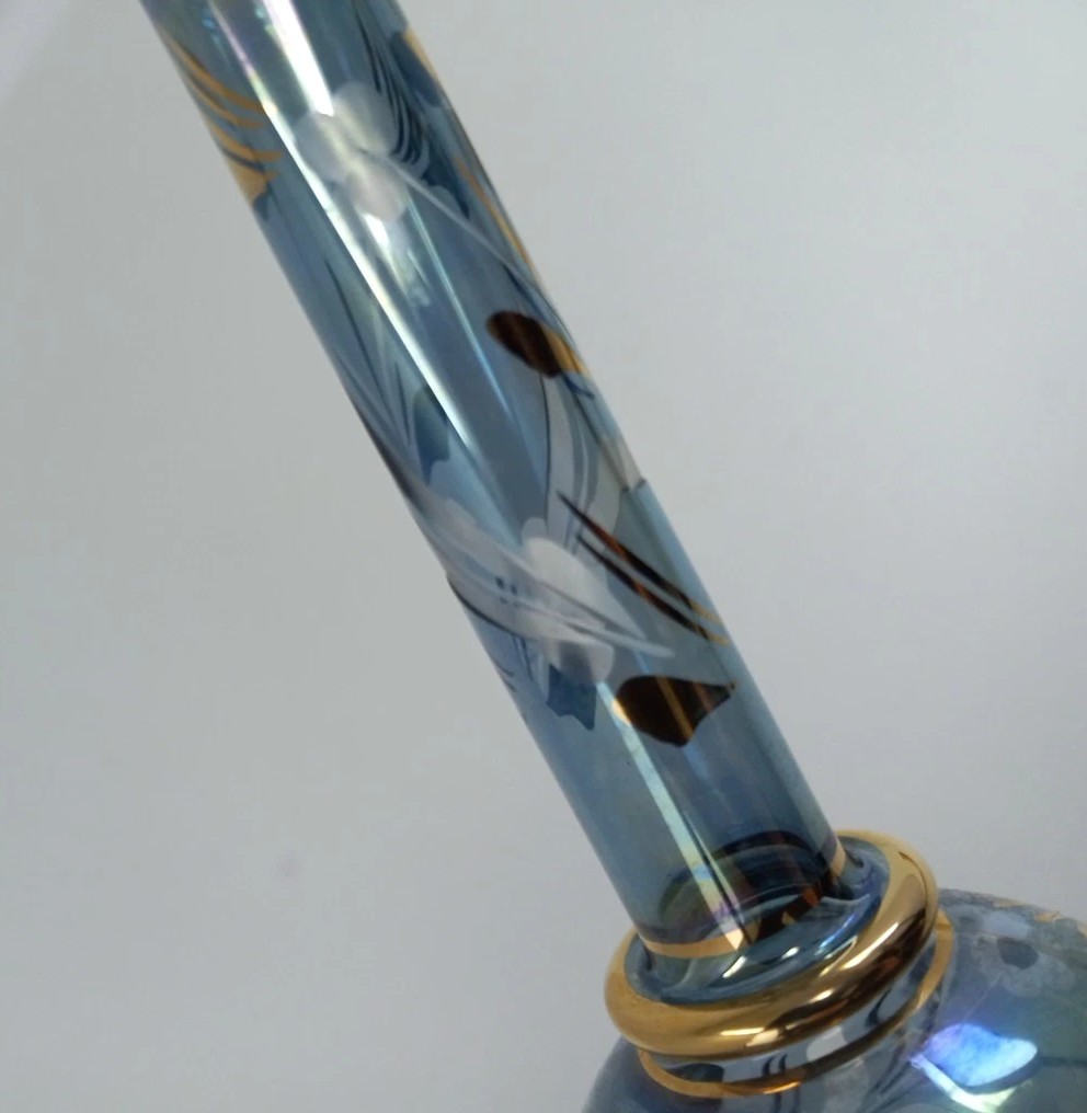 Vintage Blue Gold Egyptian Hand Blown Art Glass Mini Vase Delicate Boho 7.5″