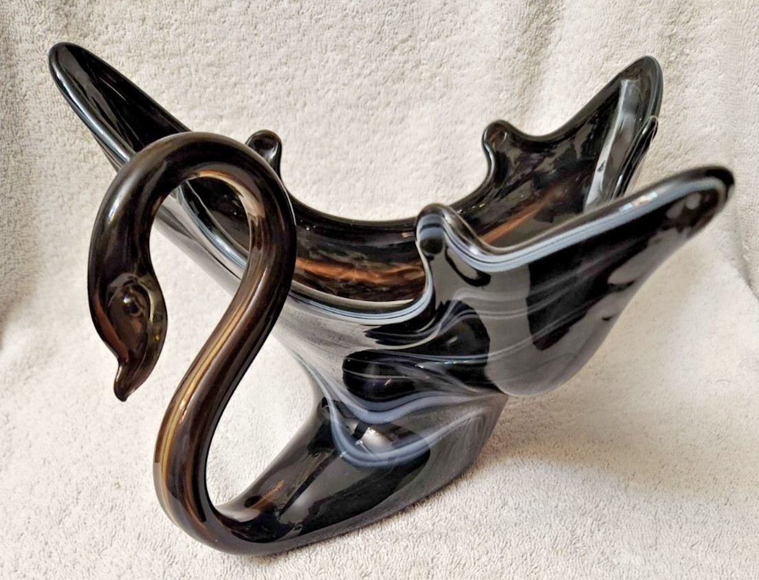 LRG-Vintage Handblown Black-White Swirled Glass Swan Dish 12 1/2″ Long x 7″High