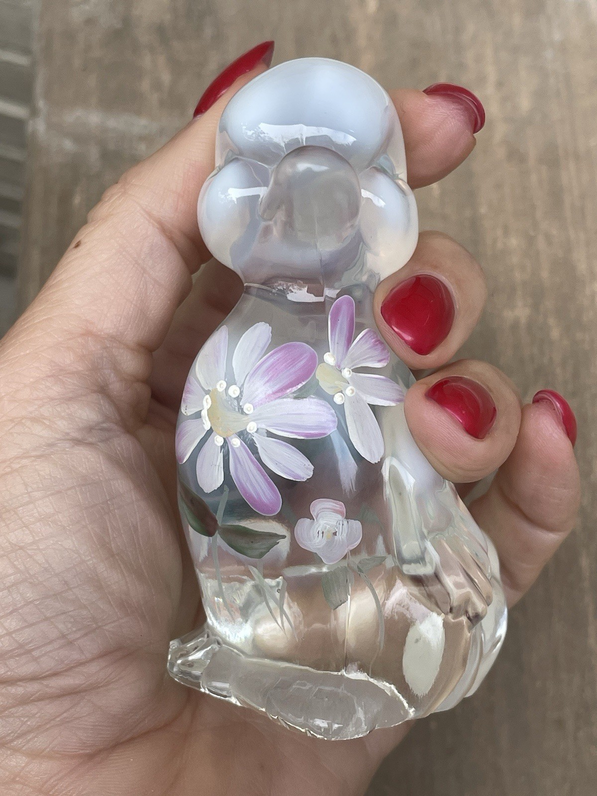 Vintage Fenton Glass Opalescent Duck With Hand Painted Flowers Signed White