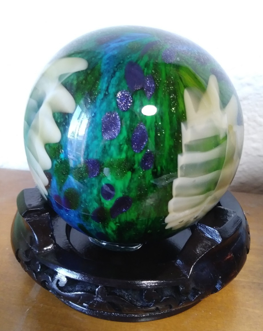 Multi-color Blown Art Glass Sphere w/stand, 12.5+ in circumference 4 in diameter
