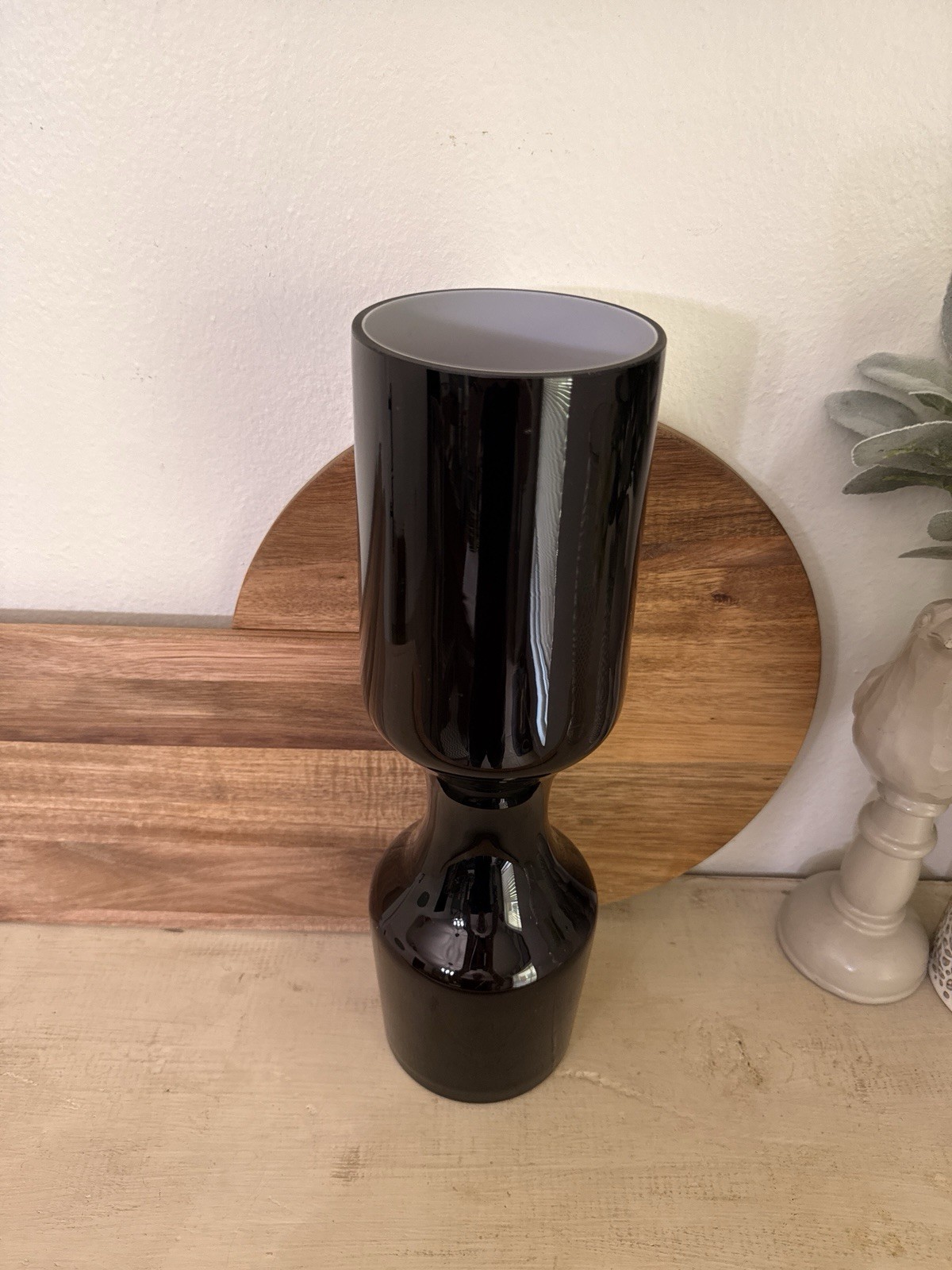 Vintage Black Glass Vase 14 Inch Hooped Mid Century Modernist Italian Decor