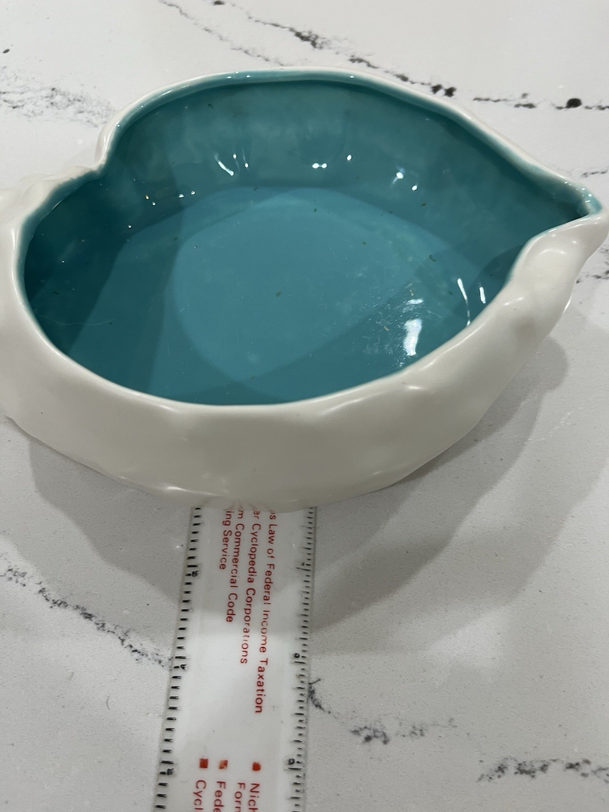 Vintage MCM West Coast Pottery Seashell Dish White & Turquoise 9 x 6 x 2.25”