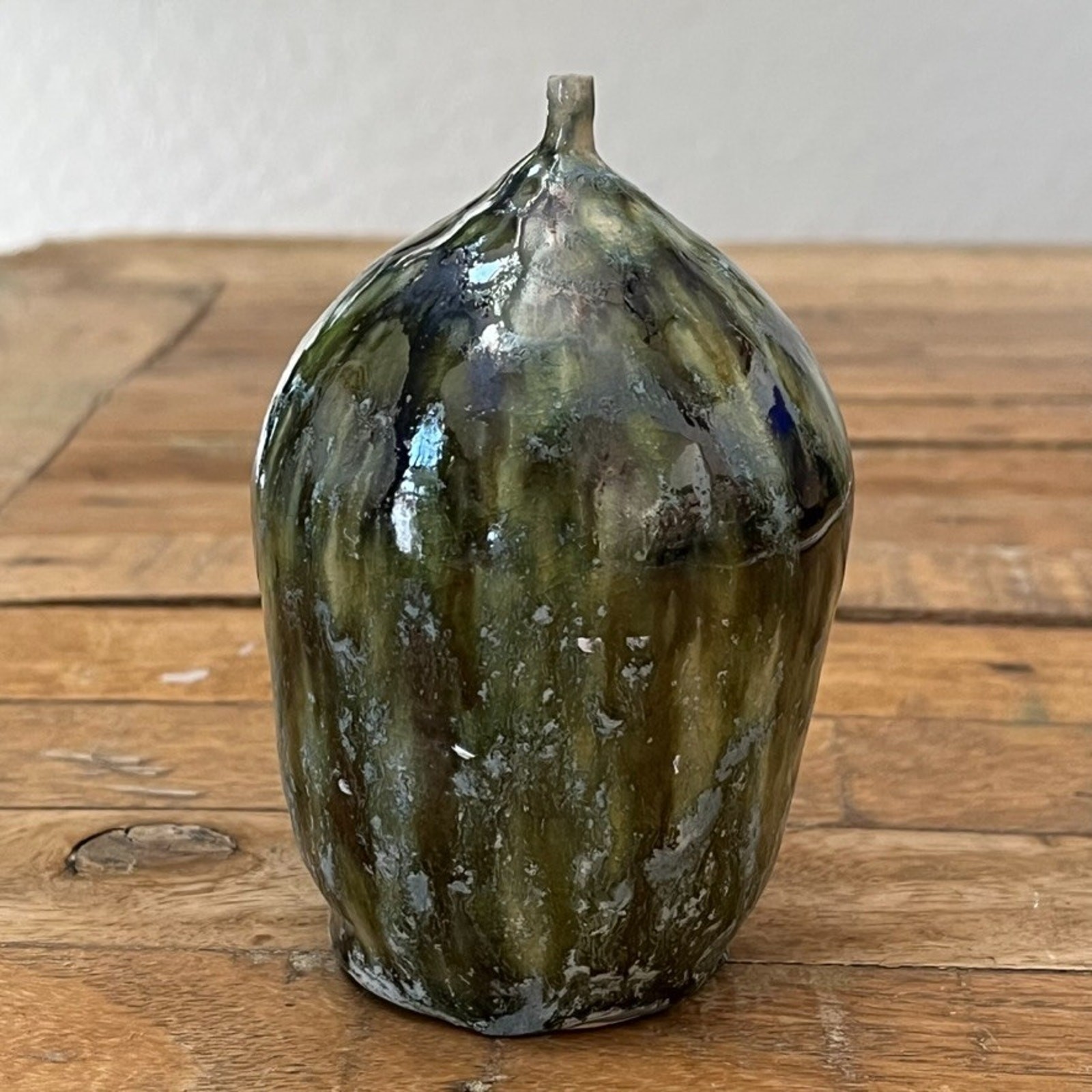 Studio Art Pottery Small Vase 4.5″ Tall Ceramic Green Blue Drip Glaze Marked W