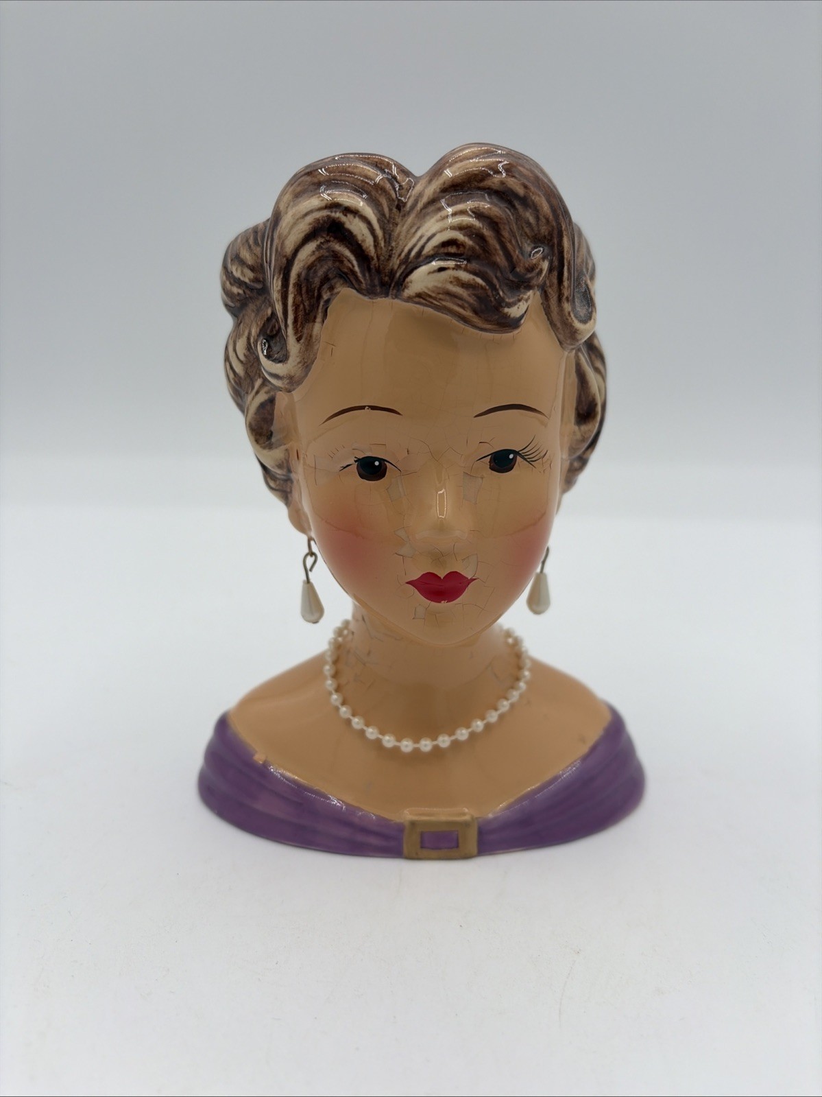 Vintage Head Vase – Lady w/Faux Pearl Earrings & Necklace – Please Read
