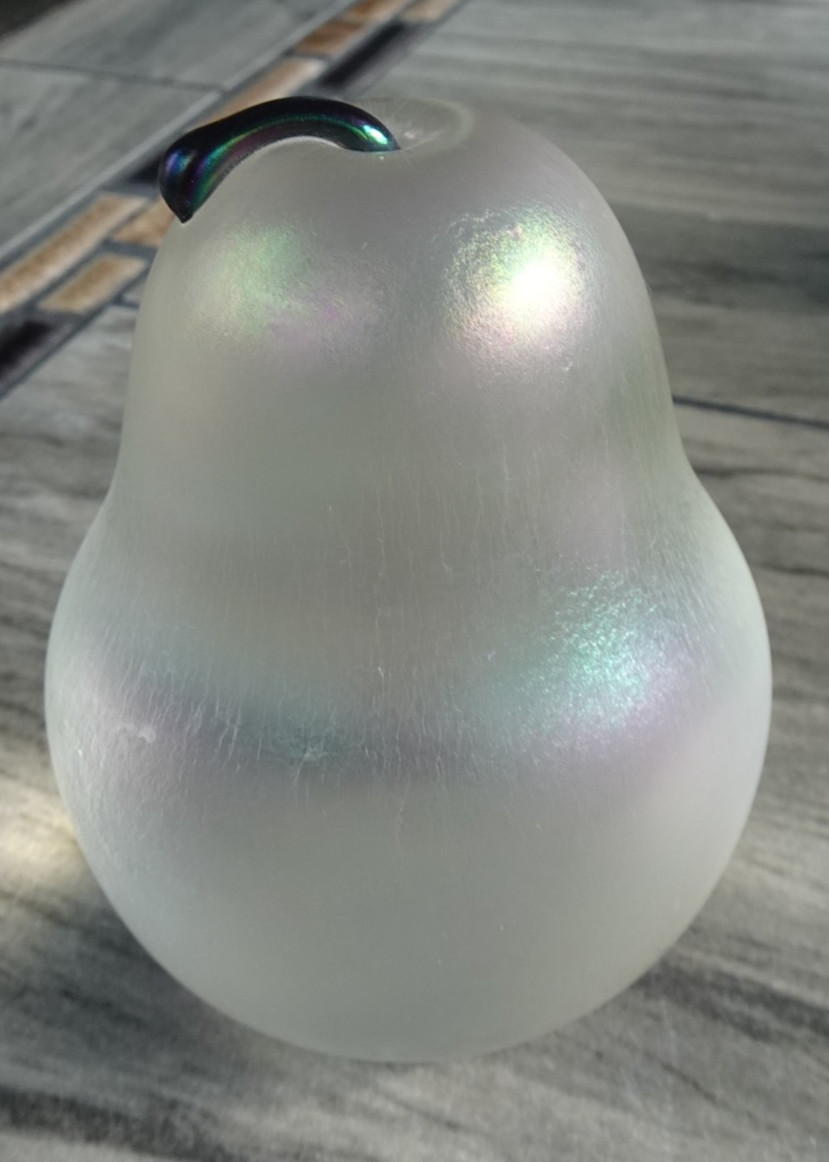 Signed Zellique Studio JM 2001 Iridescent Art Glass Pear Paperweight Morel