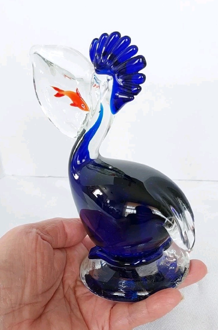 Vtg Penco Hand Blown Art Glass Pelican Figurine Paperweight Murano-Style