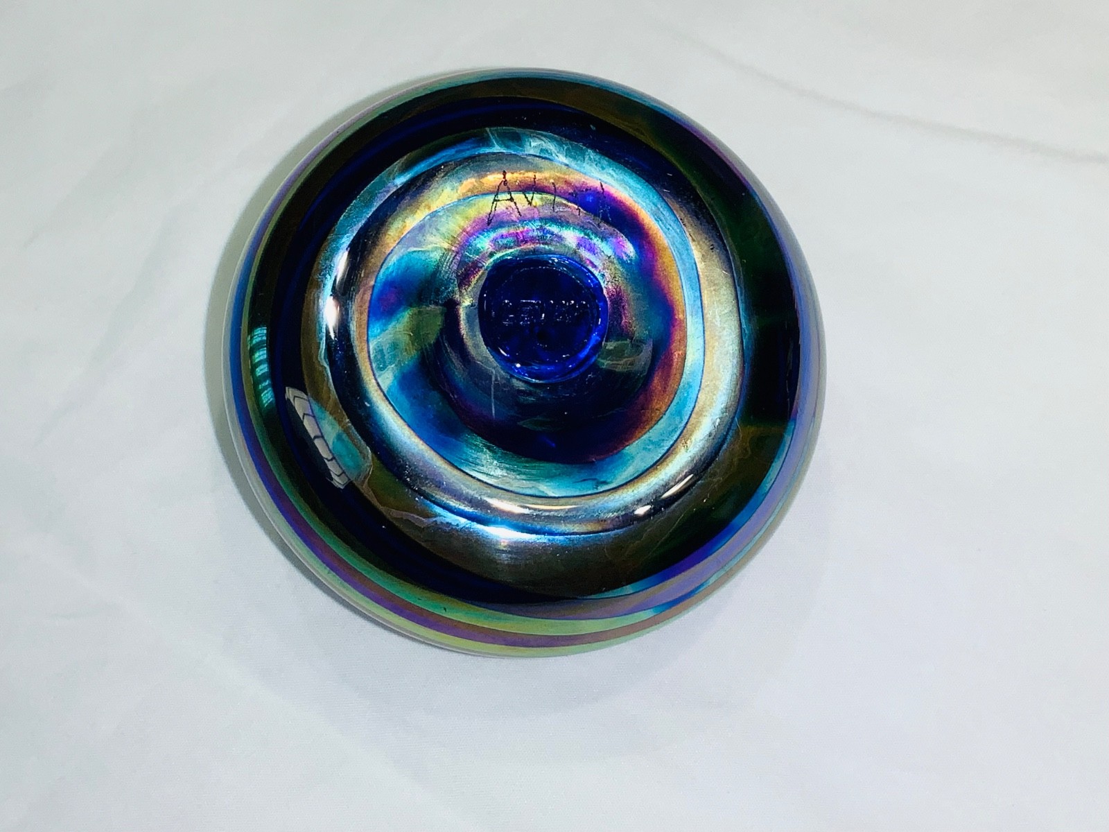 Vintage Art Glass Iridescent Paperweight / Signed￼