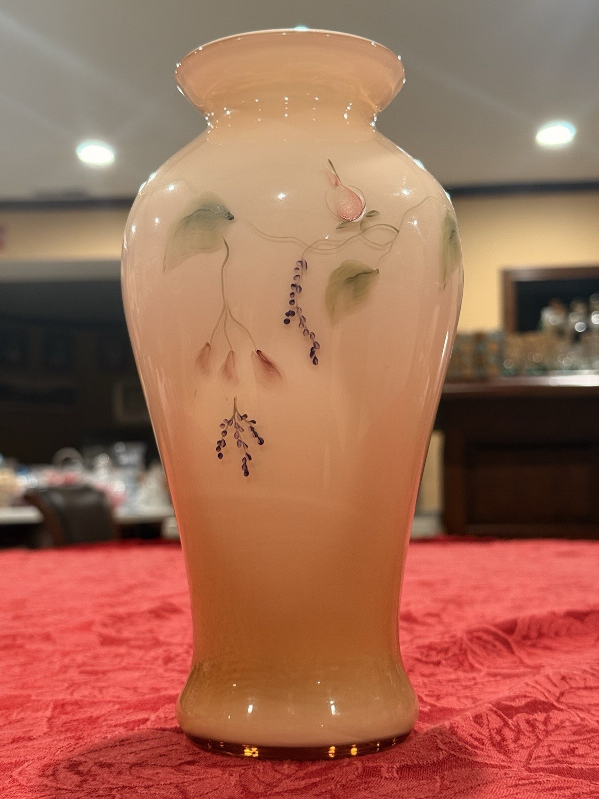 Fenton Satin Sunset Overlay Hand Painted “Princess Roses” Vase Signed Ex Cond