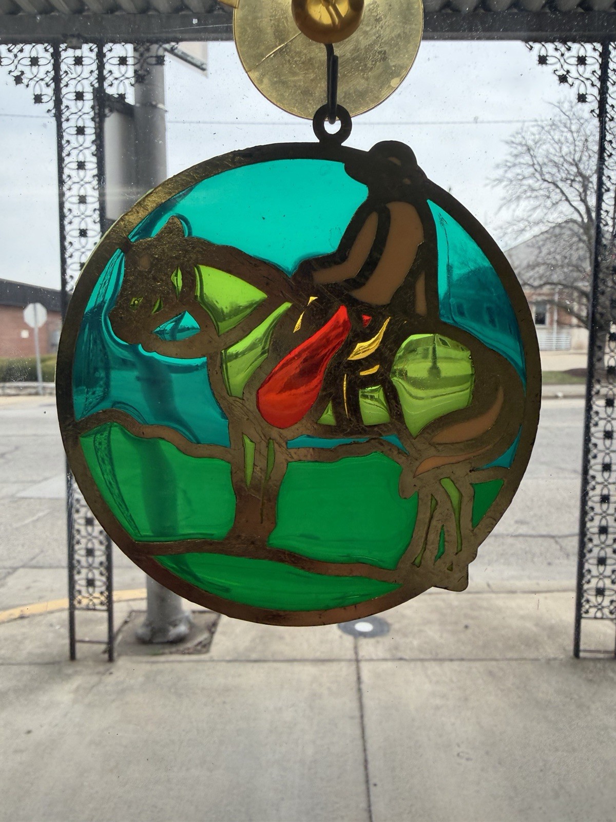 Equestrian Horse Suncatcher Round 4 1/8″ Cowboy Vintage Glass With Metal Frame