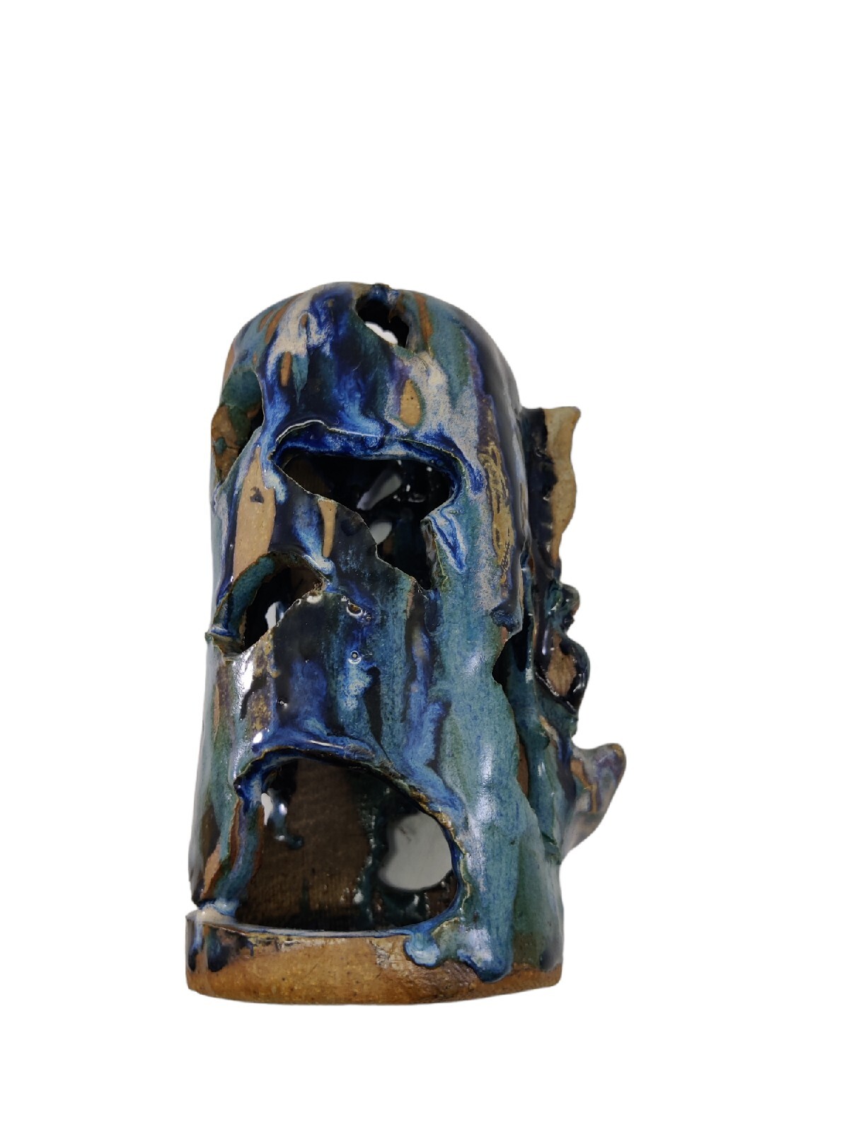 Studio Art Pottery Candle Light Holder Brutalist Drip Blue Glaze Signed Morrison