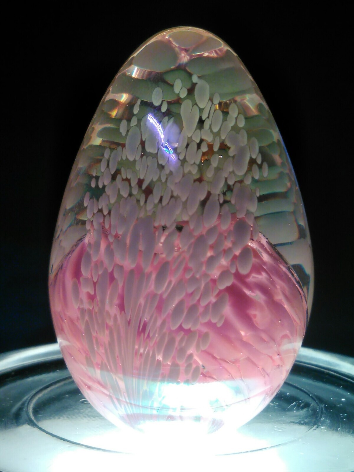 ART GLASS EGG PAPERWEIGHT PINK, WHITE, AND CLEAR